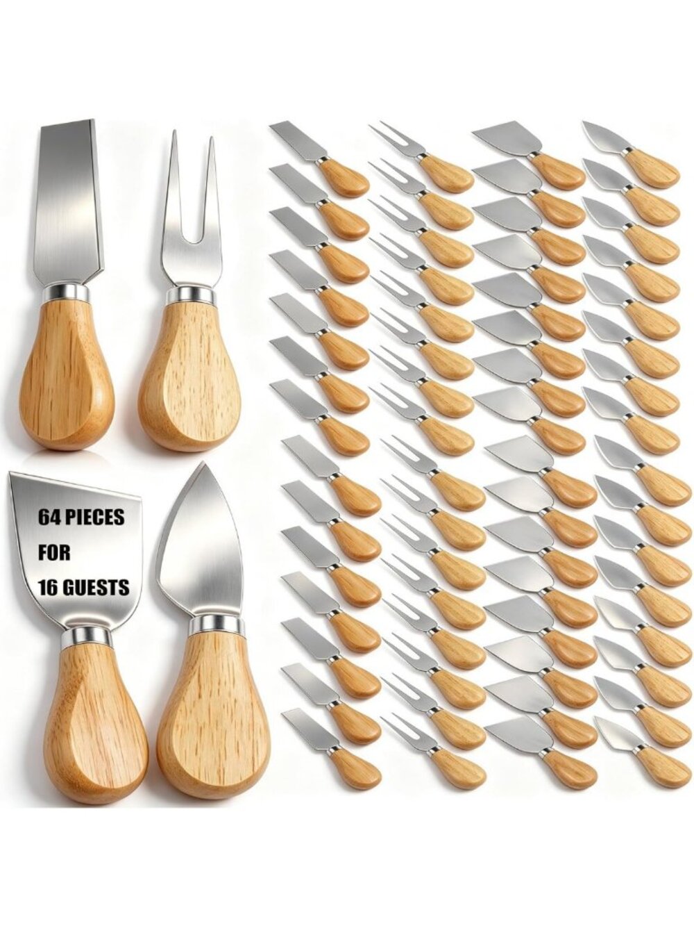 64Pcs Stainless Steel Cheese Knife Set with Wooden Handles for Charcuterie